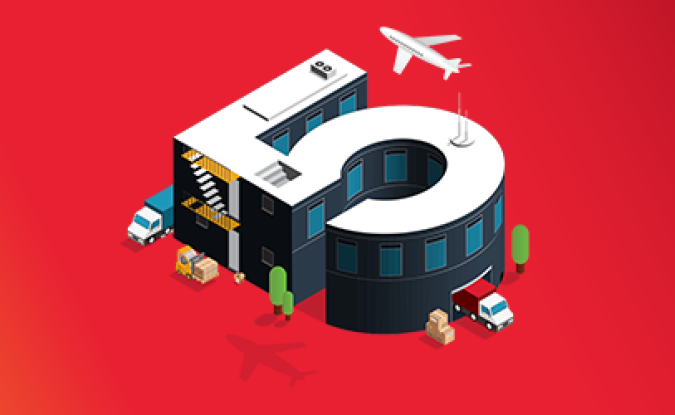 A graphical representation of 5 supply chain strategies. A building shaped like the number 5 is surrounded by freight trucks, a fork lift and an airplane.