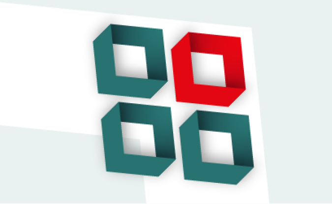 Graphic of four blocks in a quadrant shape. Three are green, and the top right block is red.