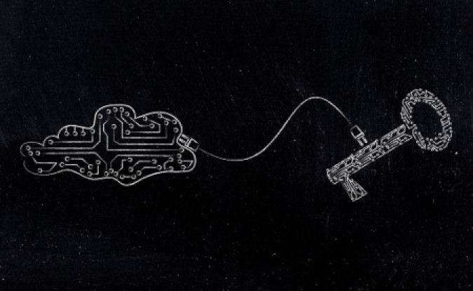 key and cloud made of electronic circuits connected to each other with a plug, concept of big data processing and security