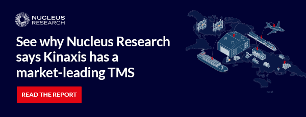 Navy blue rectangular graphic with industrial graphic icons imposed over a map outline. Logo for Nucleus Research in top left corner. Text reads: "See why Nucleus Research says Kinaxis has a market-leading TMS." A red "Read the report" button hyperlinks to the report.